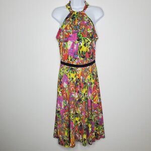 Kevin Hall Studio Womens Colorful Abstract Halter Neck Dress Size 8 Art To Wear
